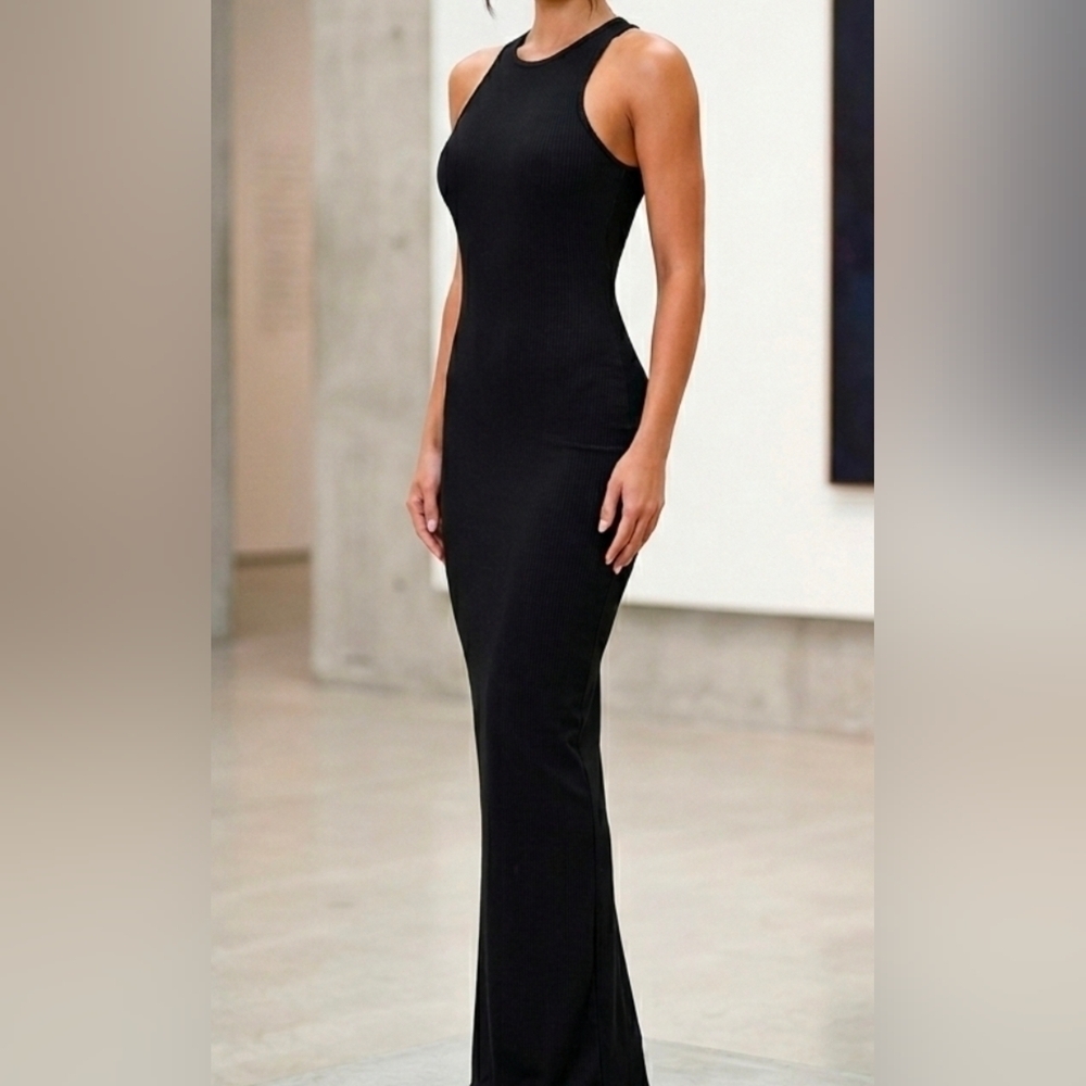 Black Ribbed High Neck Sleeveless Bodycon Maxi Dress